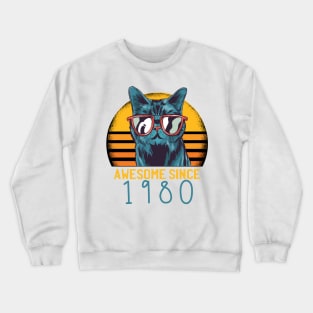 Awesome Since 1980 40th Birthday Black Cat Kitten Vintage Retro Animal Gifts Crewneck Sweatshirt